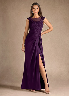 Azazie Santa Barbara Mother of the Bride Dresses Grape Sheath Pleated Stretch Satin Dress image5