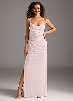 Azazie Mai Bridesmaid Dresses Blushing Pink Sheath Pleated Mesh Dress image3