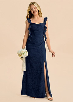 Azazie Jessamine Junior Robe Sirène en Floral Burnout Décolleté en cœur Bleu Marine Foncé image1