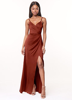 Azazie Maci Bridesmaid Dresses Terracotta A-Line V-Neck Pleated Stretch Satin Dress image1
