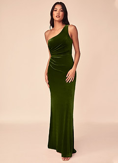 Azazie Argan Bridesmaid Dresses Olive A-Line One Shoulder Pleated Velvet Dress image4