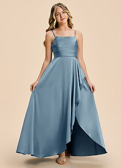 Azazie Naveah Junior Dusty Blue A-Line Ruched Stretch Satin Dress image7