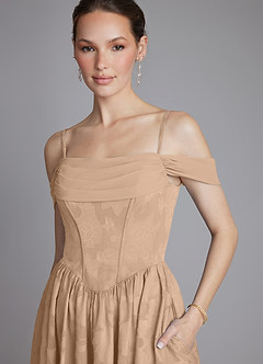 Azazie Raisa Bridesmaid Dresses Champagne A-Line Off the Shoulder Floral Burnout Dress image3
