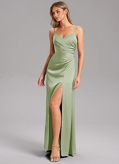 Azazie Azuree At-home Try On Dresses Dusty Sage A-Line Pleated Stretch Satin Dress image5