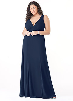 Azazie Christiana Vestidos de damas de honor Vestido de Azul Marino Oscuro de Gasa de Corte en A con Cuello en V plisado image7