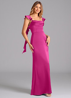 Azazie Adi Bridesmaid Dresses Fuchsia A-Line Pleated Stretch Satin Dress image3