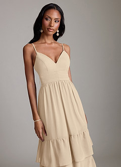 Azazie Nathalia 신부 들러리 드레스 A라인 셔링 쉬폰 바닥 길이 드레스 image3