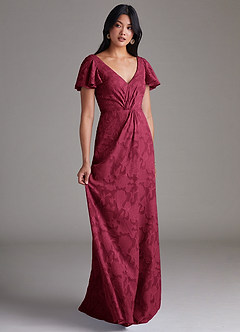 Azazie Soren Bridesmaid Dresses Burgundy A-Line Pleated Floral Burnout Dress image2