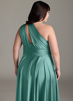 Azazie Charlize Bridesmaid Dresses Aqua A-Line One Shoulder Stretch Satin Dress image8