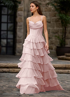 Floralace Rosa Empolvado Vestido de fiesta de corte A con volantes image4