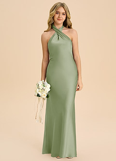 Azazie Chickie Junior Vestido de Salvia Polvorienta de Satén Elástico de Corte Recto con Plisado image3