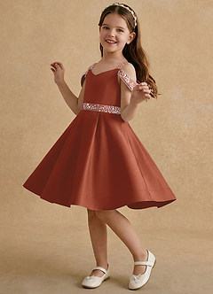 Azazie Judi Jurken voor bloemenmeisjes A-Lijn Jurk van Mat Satijn Kastanjebruin image3