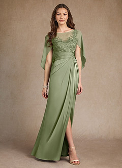 Azazie Hera Mother of the Bride Dresses Pistachio A-Line Lace Stretch Satin Dress image4