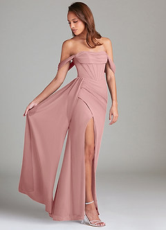 Azazie Amyra Bridesmaid Dresses Dusty Rose Sheath Off the Shoulder Chiffon Convertible Dress image2