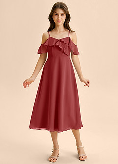 Azazie Kamilla Junior Abito A-Line in Chiffon a Spalla Scoperta Ruggine image6