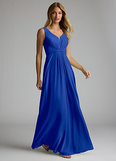 Azazie Gina Robes de demoiselle d'honneur Robe Trapèze en Mousseline de soie Col V plissé Bleu Roi image3