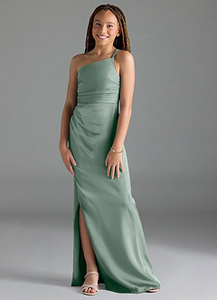 Azazie Eren Junior Silver Sage Sheath Pleated Stretch Satin Dress image1