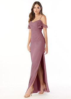 Azazie Emeralda Bridesmaid Dresses Vintage Mauve Sheath Off the Shoulder Chiffon Dress image1