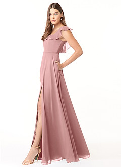 Azazie Jinny Brautjungfernkleider A-Linie Quadratischer Ausschnitt Gerüscht Chiffon Kleid Altrosa image5