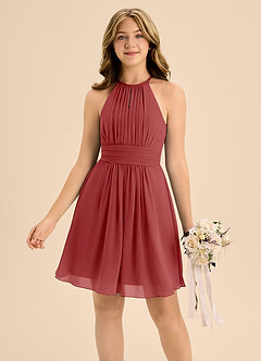 Azazie Bonnie Junior Rust A-Line Pleated Chiffon Dress image3