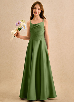 Azazie Coconut Girls Formal Abiti da Ragazza di Fiori Abito A-Line in Raso Elasticizzato Plissettato Ginepro image1