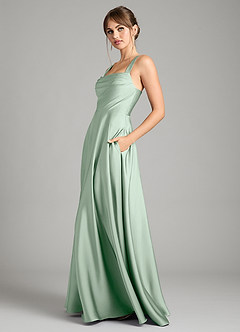 Azazie Shaude Bridesmaid Dresses Agave A-Line Pleated Stretch Satin Dress image4