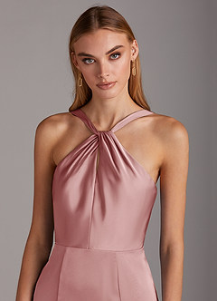 Azazie Elana Vestidos de damas de honor Vestido de Rosa Polvorienta de Satén Elástico de Corte Recto con Corte Lateral image6