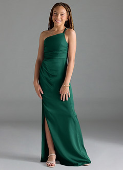Azazie Eren Junior Emerald Sheath Pleated Stretch Satin Dress image1