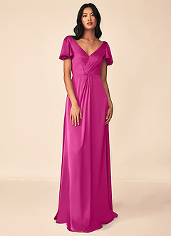 Azazie Soren Bridesmaid Dresses Fuchsia A-Line Pleated Stretch Satin Dress image1