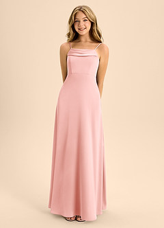 Azazie Anselie Junior Powder Pink A-Line Off the Shoulder Stretch Satin Dress image4