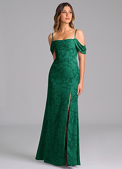 Azazie Saige Bridesmaid Dresses Emerald A-Line Off the Shoulder Floral Burnout Convertible Dress image5