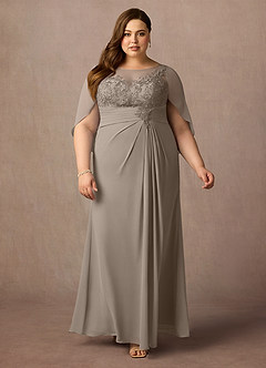 Azazie Hera Mother of the Bride Dresses Taupe A-Line Lace Capelet Chiffon Dress image6
