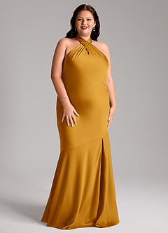 Azazie Lorena Robes de demoiselle d'honneur Robe Sirène en Satin extensible Plissée Caramel écossais image3