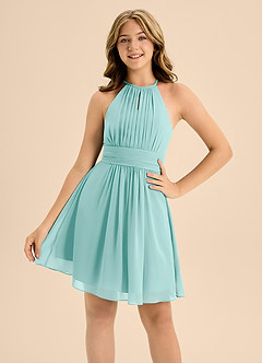 Azazie Bonnie Junior Aqua A-Line Pleated Chiffon Dress image5