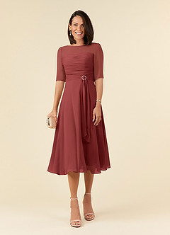 Azazie Naomi Mère de la mariée Robes Robe Trapèze en Mousseline de soie Col bateau plissé Terracotta image1