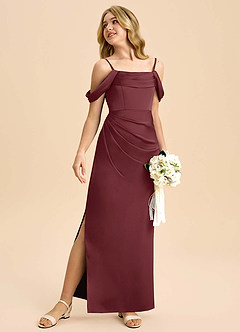 Azazie Saige Junior Robe Fourreau en Satin extensible Épaule décolletée Cabernet image5