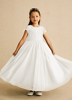 Azazie Bumblebee Flower Girl Dresses Ivory A-Line Lace Tulle Dress image1