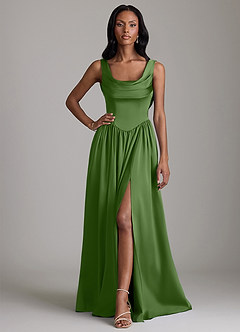 Azazie Novi Robes de demoiselle d'honneur Robe Trapèze en Satin extensible Avec poches Basilic image1