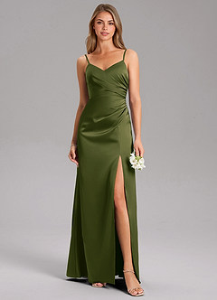 Azazie Azuree Robes de demoiselle d'honneur Robe Trapèze en Satin extensible Plissé Olive Vif image1