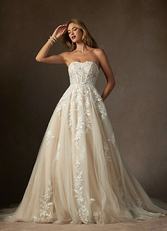 Azazie Keri Wedding Dresses Diamond White Nude Ball-Gown Strapless Lace Dress image1