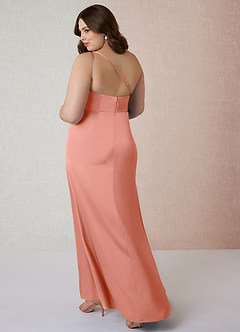Azazie Mika Bridesmaid Dresses Coral Sheath One Shoulder Stretch Satin Dress image11