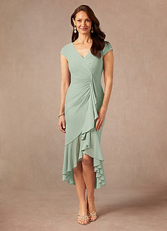 Azazie Renetta Mother of the Bride Dresses Dusty Sage Sheath V-Neck Pleated Mesh Dress image4