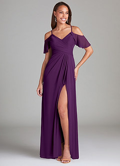 Azazie Dakota Bridesmaid Dresses Grape A-Line Off the Shoulder Mesh Dress image1