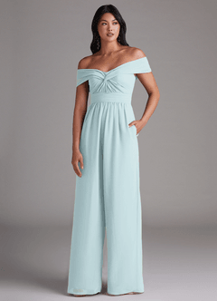 Azazie Lamara Bridesmaid Dresses Mist Off the Shoulder Chiffon Convertible Jumpsuit image1