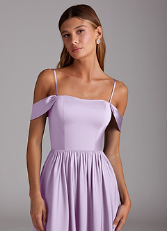 Azazie Calianna At-home Try On Dresses Dusty Blue A-Line Off the Shoulder Stretch Satin Convertible Dress image2
