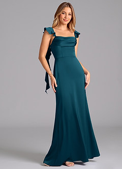 Azazie Adi Bridesmaid Dresses Ink Blue A-Line Pleated Stretch Satin Dress image5