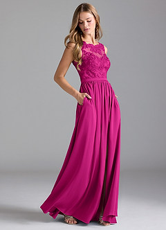 Azazie Elly Bridesmaid Dresses Fuchsia A-Line Lace Stretch Satin Dress image2