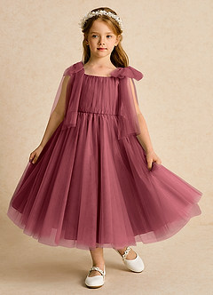 Azazie Dori Blumenmädchenkleider A-Linie Gestreift Tüll Kleid Merlot image2