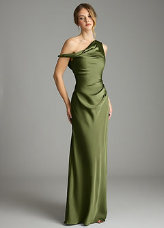 Azazie Emerson Robes de demoiselle d'honneur Robe Sirène en Satin extensible Épaules dénudées Olive image5