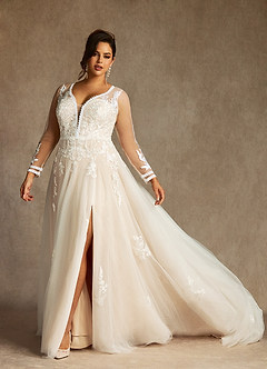 Azazie Ariya Wedding Dresses Diamond White Champagne A-Line Lace Tulle Dress image10